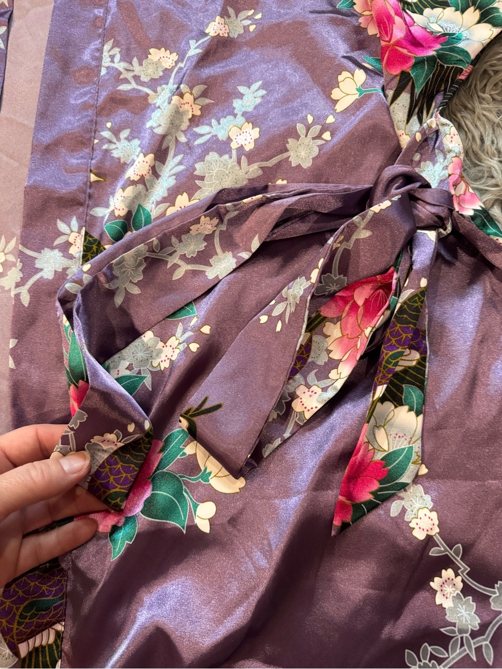 EUC Purple Floral Satin Kimono Robe with Peacocks and Flowers - Picture 5 of 9